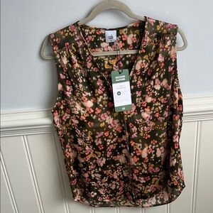 CAbi Floral Green and Pink Blouse with V-Neck